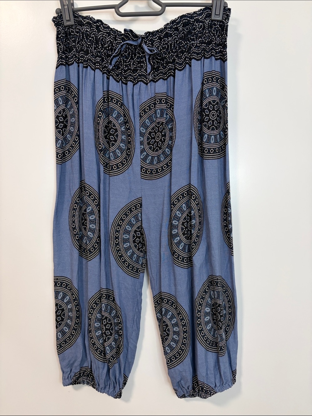 Smocked Waist Blue Patterned Harem Pants